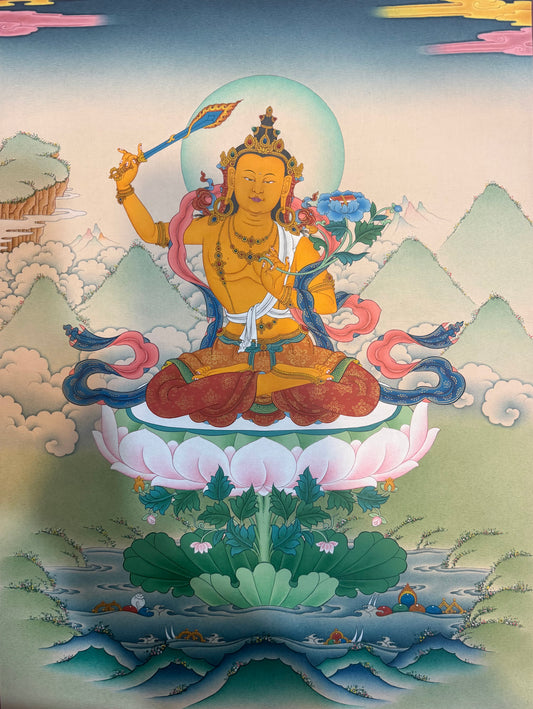 Thangka painting of seated golden deity holding a blue lotus-tipped staff