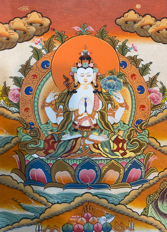 Chenrezig thangka painting of seated blue deity with halo, lotus seat, ornate flowers