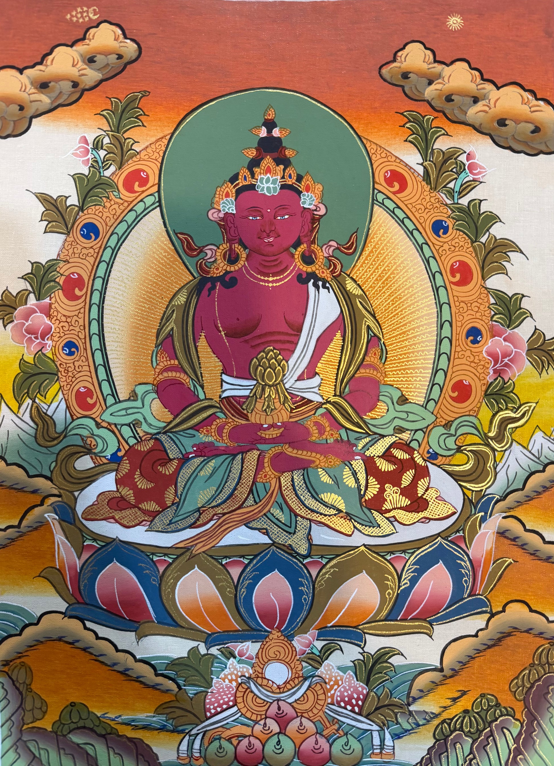 Buddha thangka painting with seated figure, halo, lotus base, decorative clouds and flowers