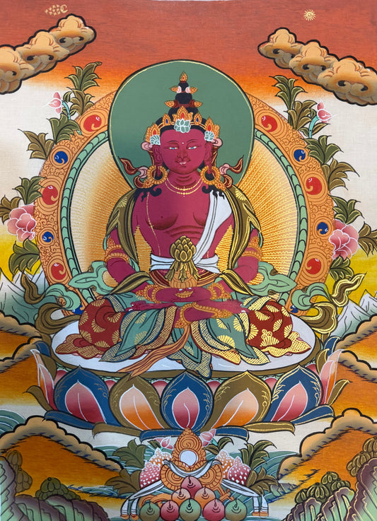 Buddha thangka painting with seated figure, halo, lotus base, decorative clouds and flowers