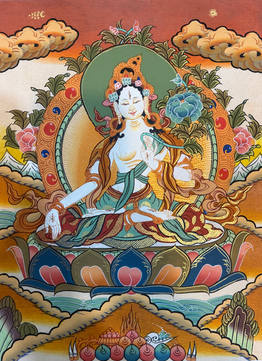 Thangka painting of seated Tara deity with green halo, lotus base, clouds and candles