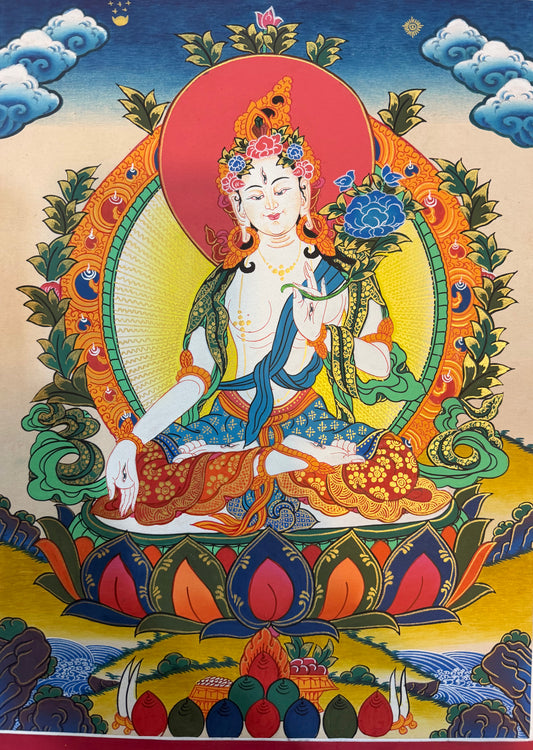 White Tara thangka painting of seated goddess with lotus seat and ornate floral border
