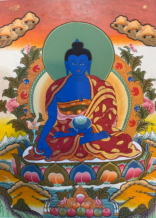 Medicine Buddha thangka painting, seated blue figure with halo and maroon robe