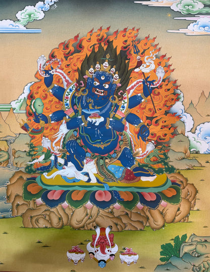 Mahakala thangka painting: blue seated deity with six arms, fiery halo, skull ornaments