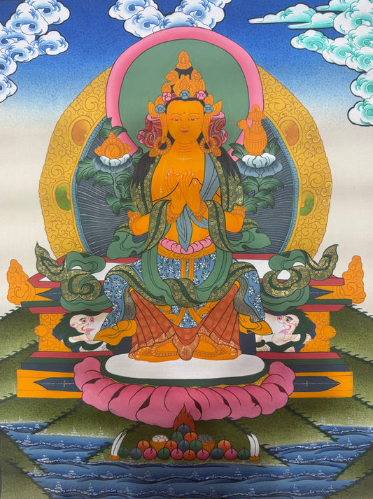 Maitreya Buddha thangka painting with orange seated figure, arched halo and lotus base
