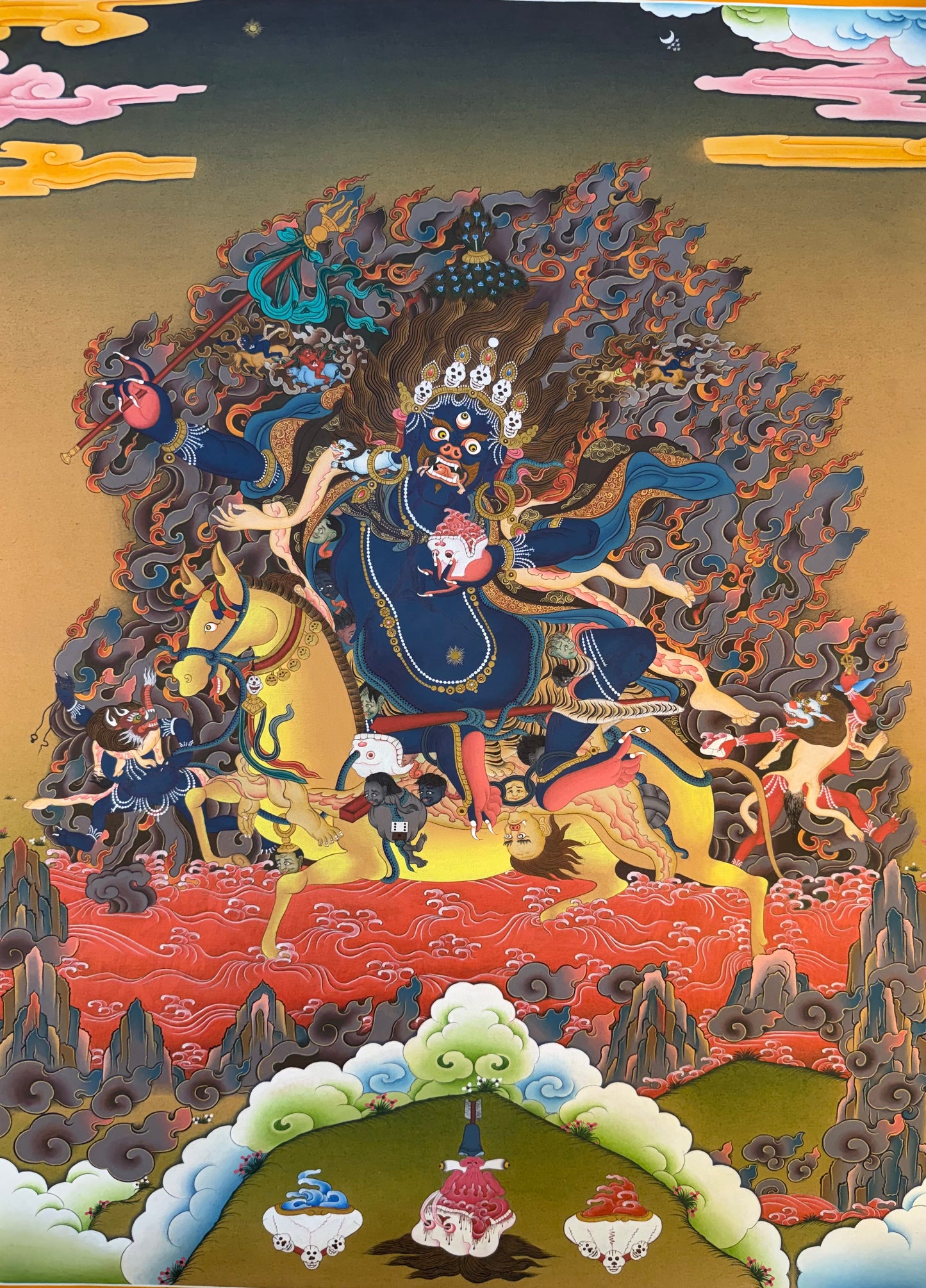 Palden Lhamo thangka painting with central deity, blue dragon, fiery flames and clouds