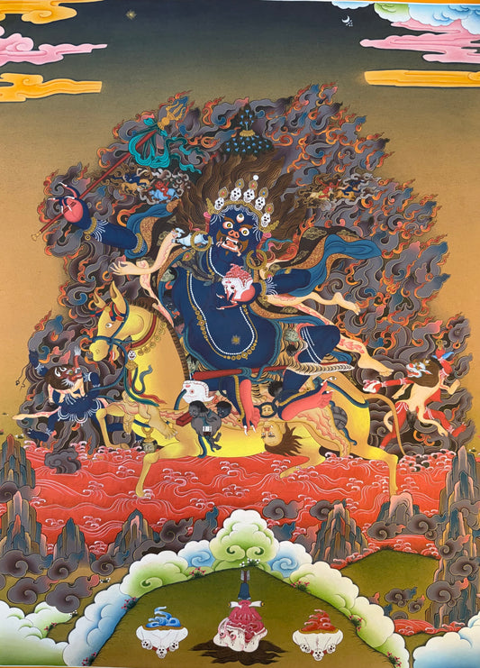 Palden Lhamo thangka painting with central deity, blue dragon, fiery flames and clouds