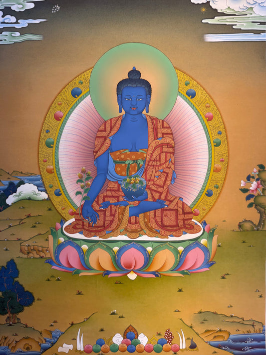 Medicine Buddha thangka painting with blue seated Buddha, ornate robes and gold halo