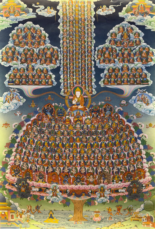 Intricate multicolored thangka painting with central seated deity and rows of figures