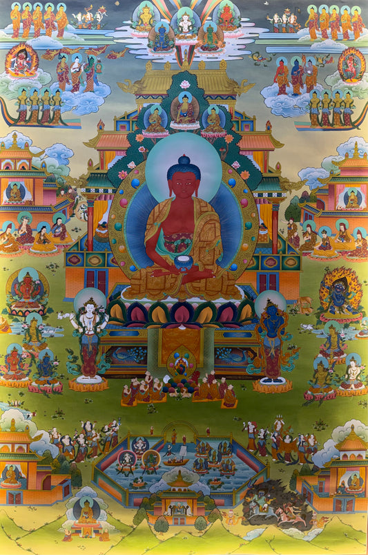 Amitabha Buddha thangka painting with seated figure, colorful mandala and many attendants