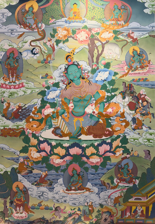 Green Tara thangka painting with teal multi-armed goddess, lotus throne and ornate details