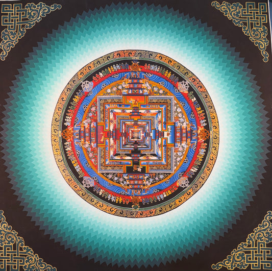 Kalachakra mandala thangka painting with intricate geometric patterns and a turquoise radial border