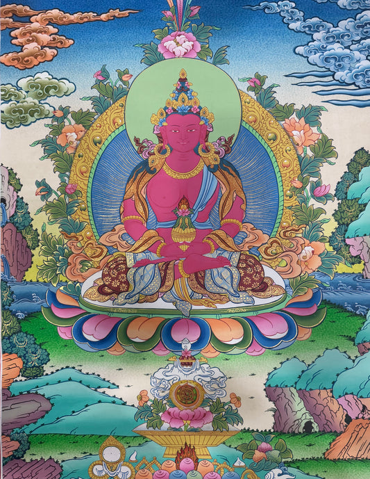 Buddha thangka painting with seated purple figure, golden halo, lotus seat, colorful clouds