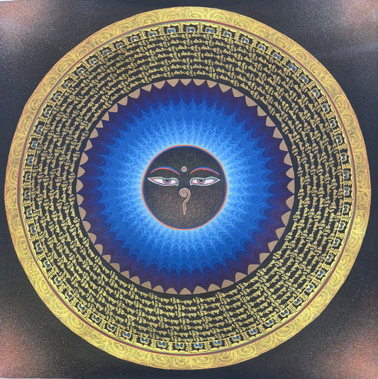 Round mandala thangka painting with blue central deity face and gold patterned border
