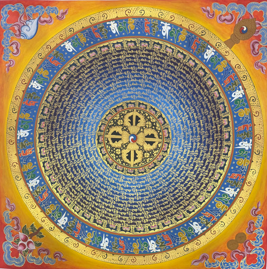 Mantra mandala thangka painting with concentric circular script and central wheel motif