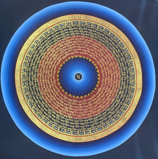 Circular mandala thangka painting with gold, blue, and intricate script details