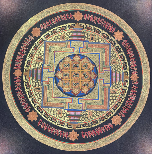 Circular mandala thangka painting with blue central medallion and ornate patterned border