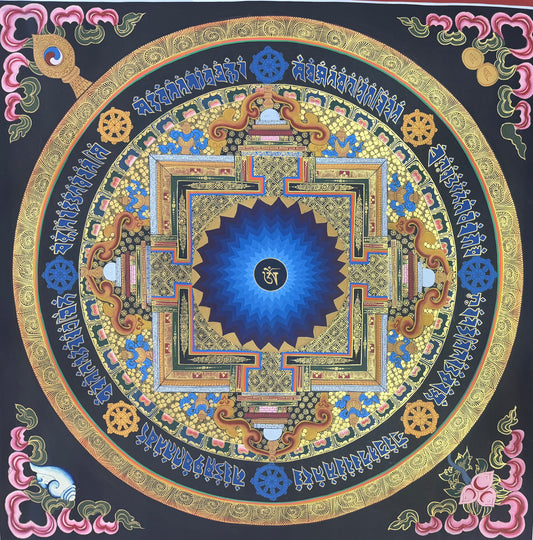 Mantra mandala thangka painting with circular gold and blue geometric design, 70x70