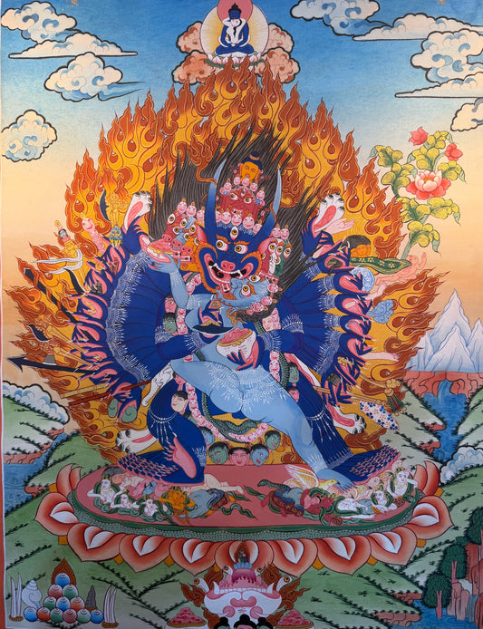 Wrathful deity thangka painting of blue-faced seated figure with flames and ornate halo