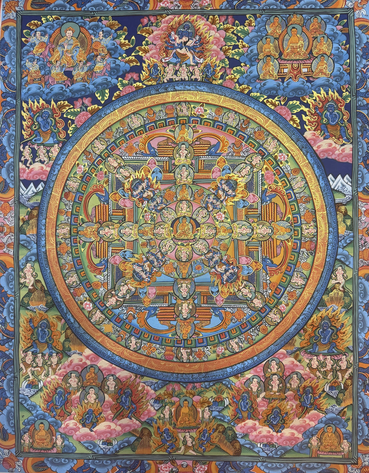 Buddha mandala thangka painting with a detailed circular design and ornate figures