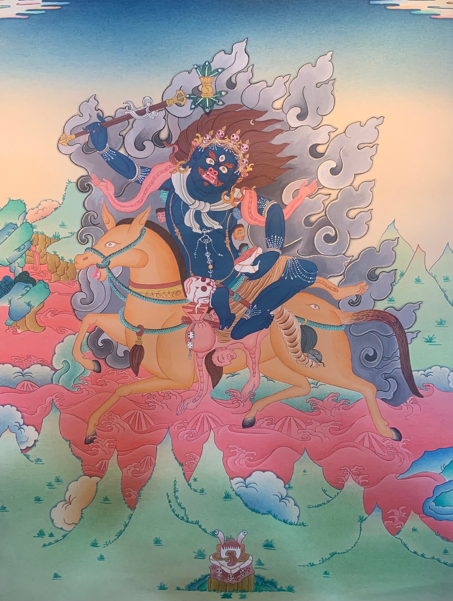 Palden Lhamo thangka painting of deity on horse with swirling clouds and flames