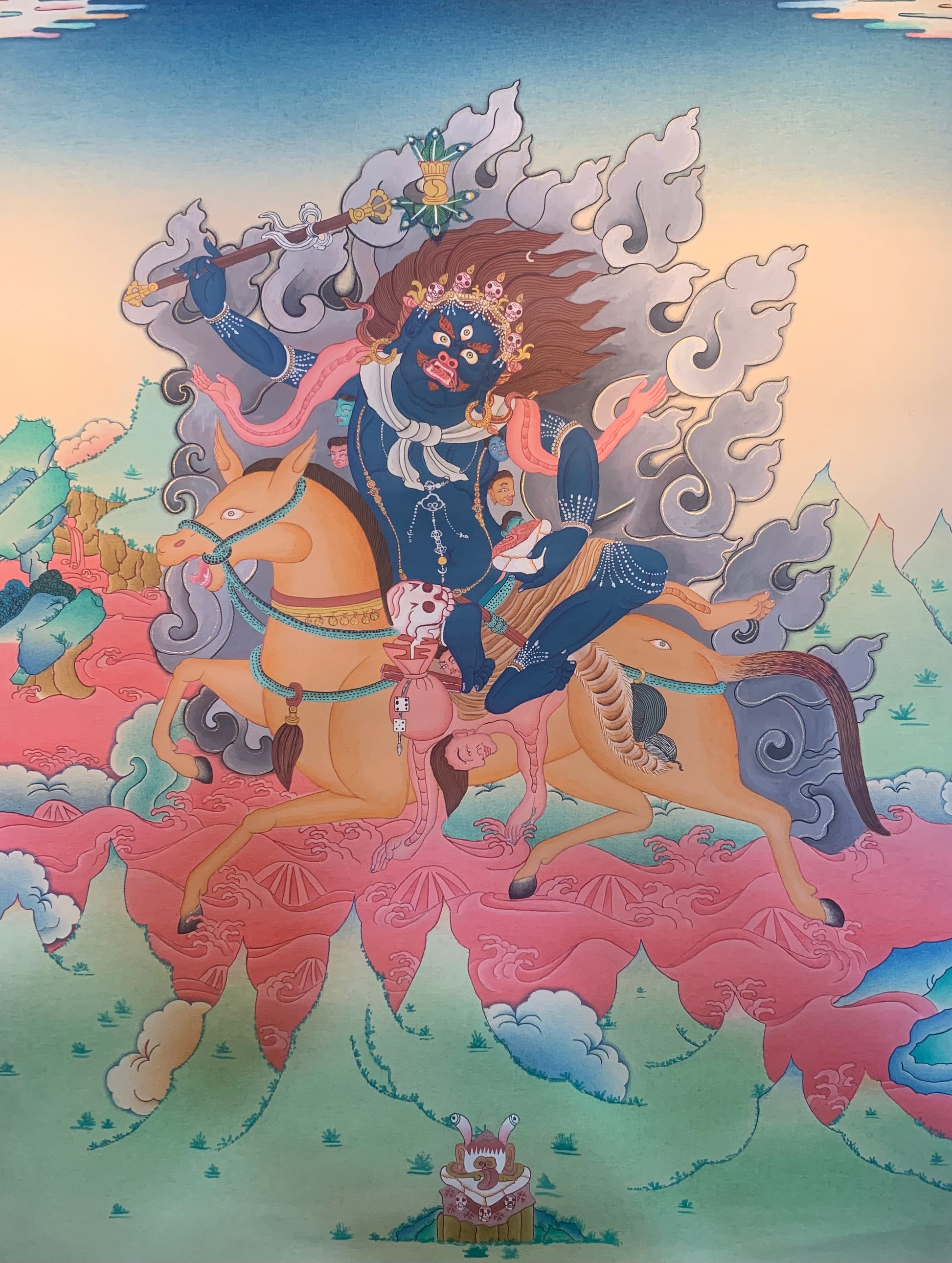Palden Lhamo thangka painting of deity on horse with swirling clouds and flames