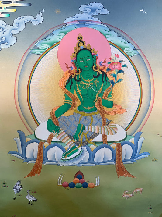 Green Tara Thangka Painting 52x40 - The Thangka