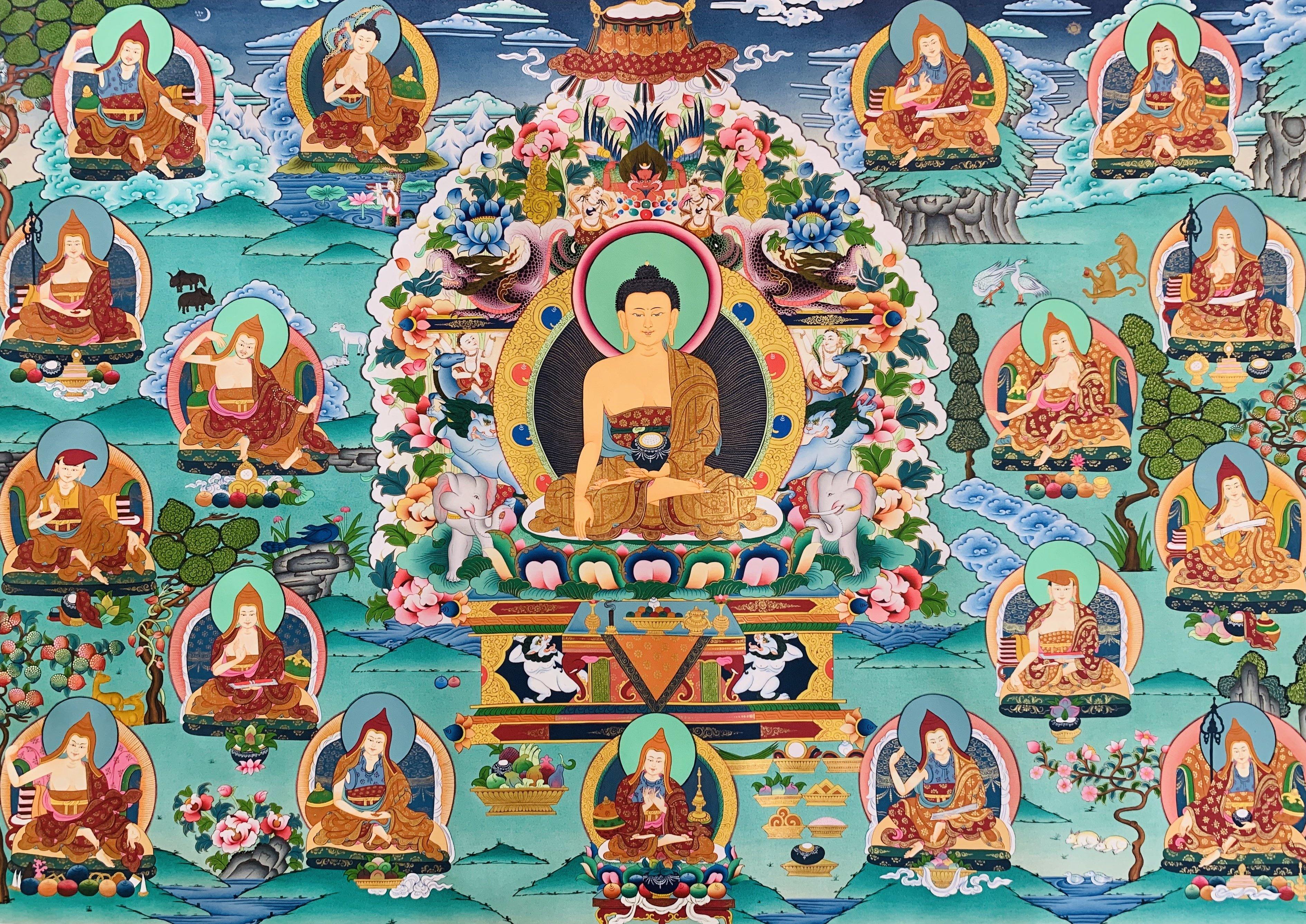 Shakyamuni Buddha and the 17 Great Scholars of Nalanda Monastery Thangka Painting 116*82 - The Thangka