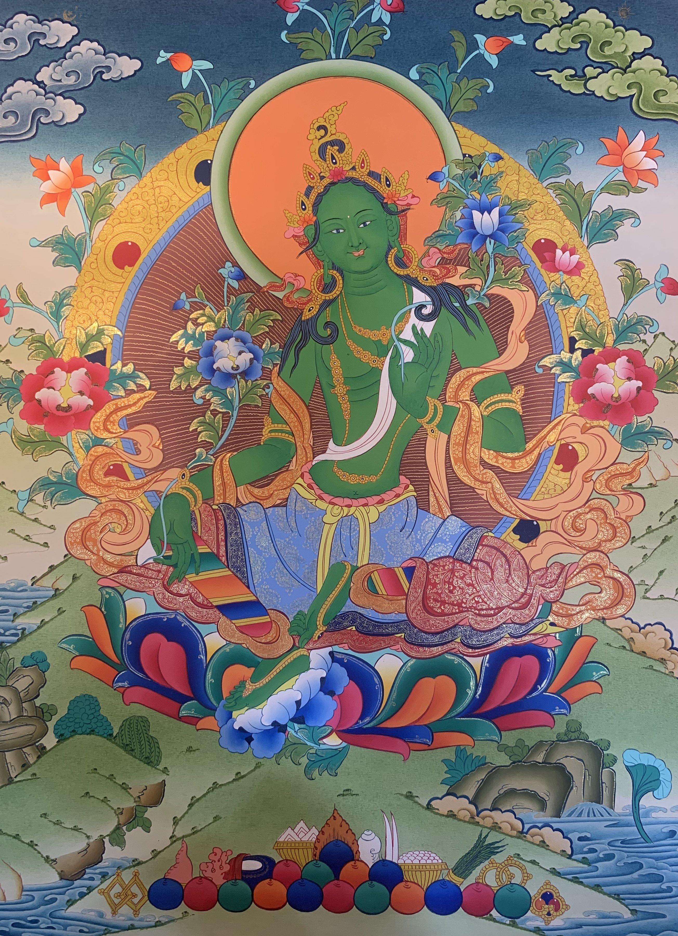 Green Tara Thangka Painting 52x40 - The Thangka