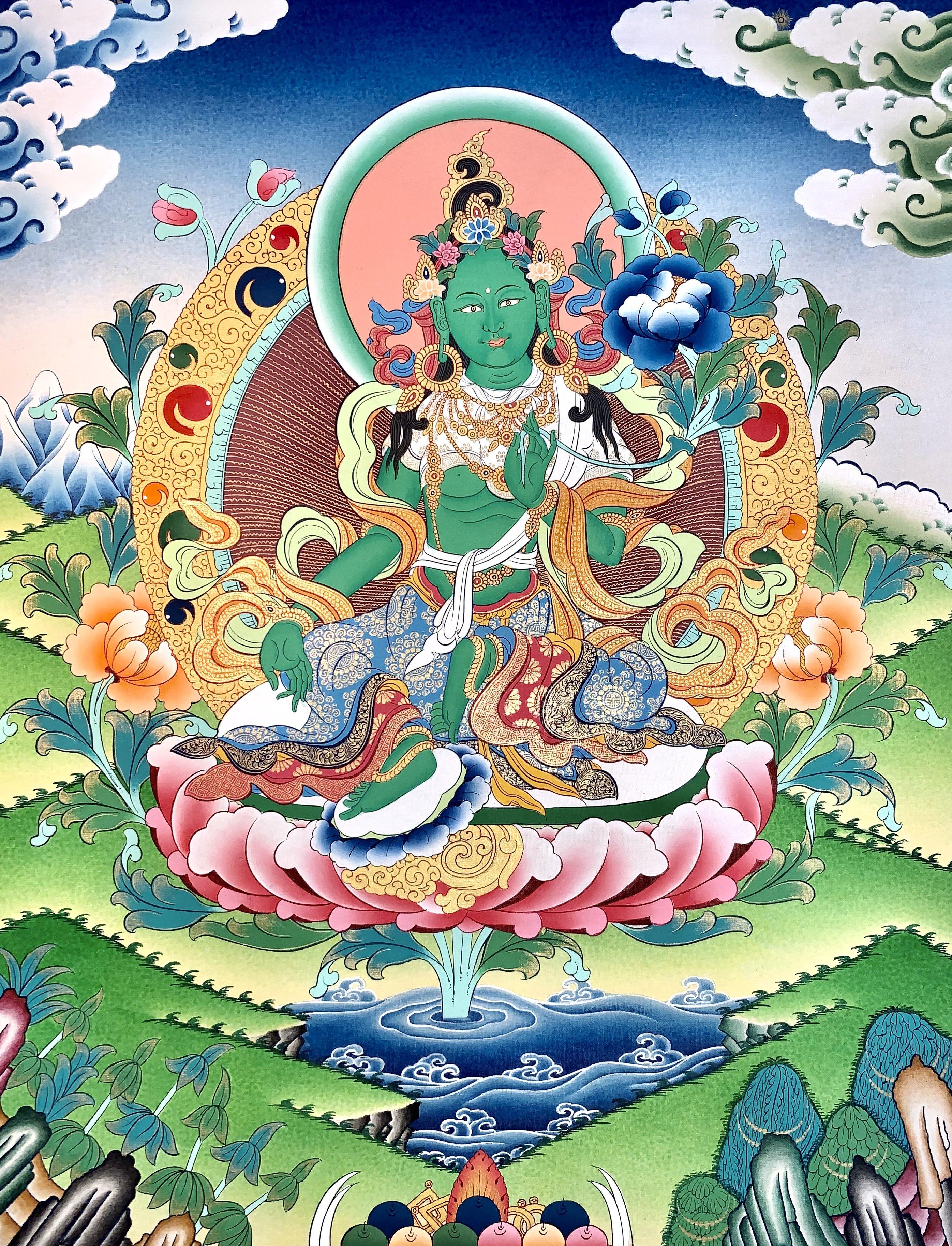 Green Tara Thangka Painting 52*40 - The Thangka