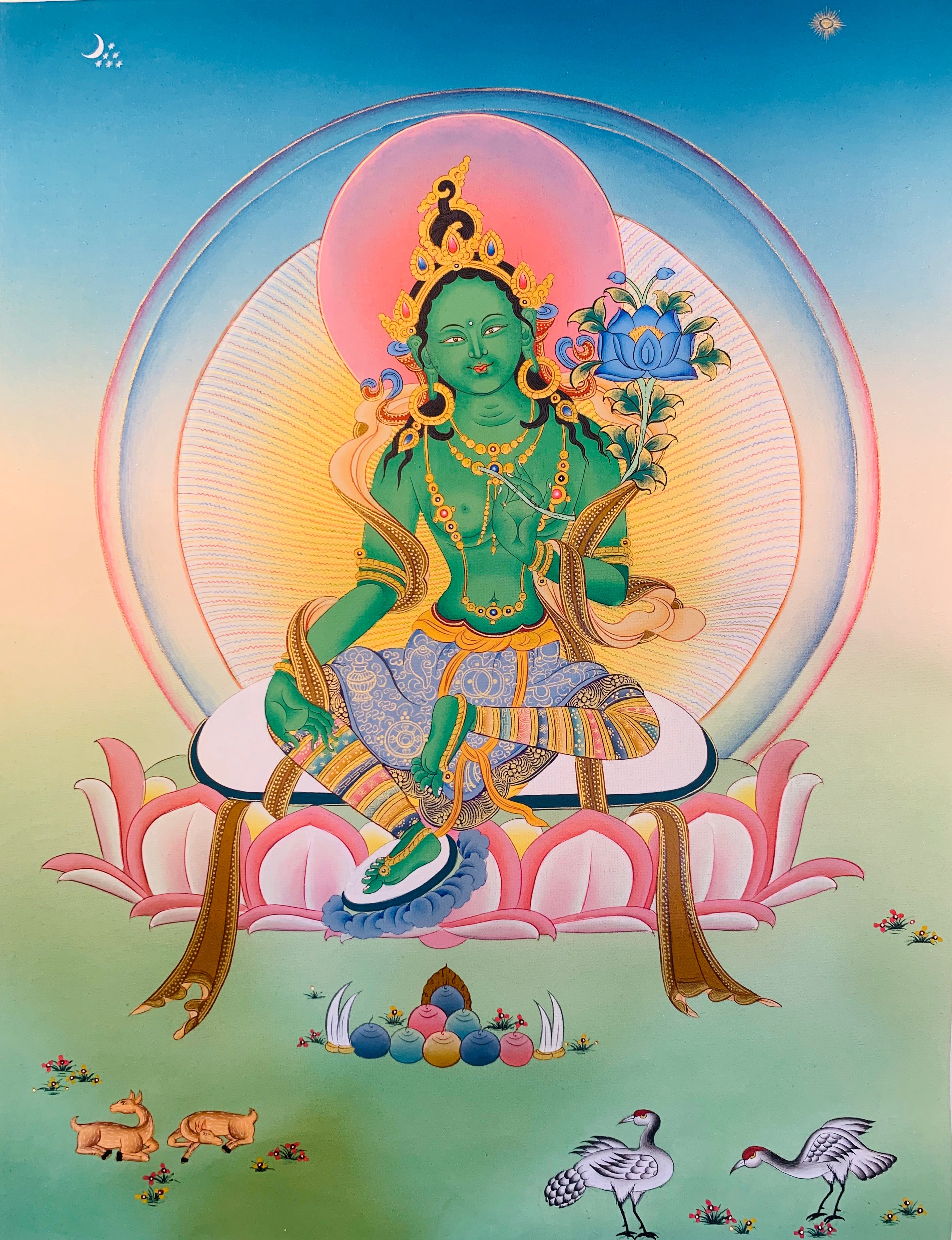 Green Tara Thangka Painting 38*28 - The Thangka