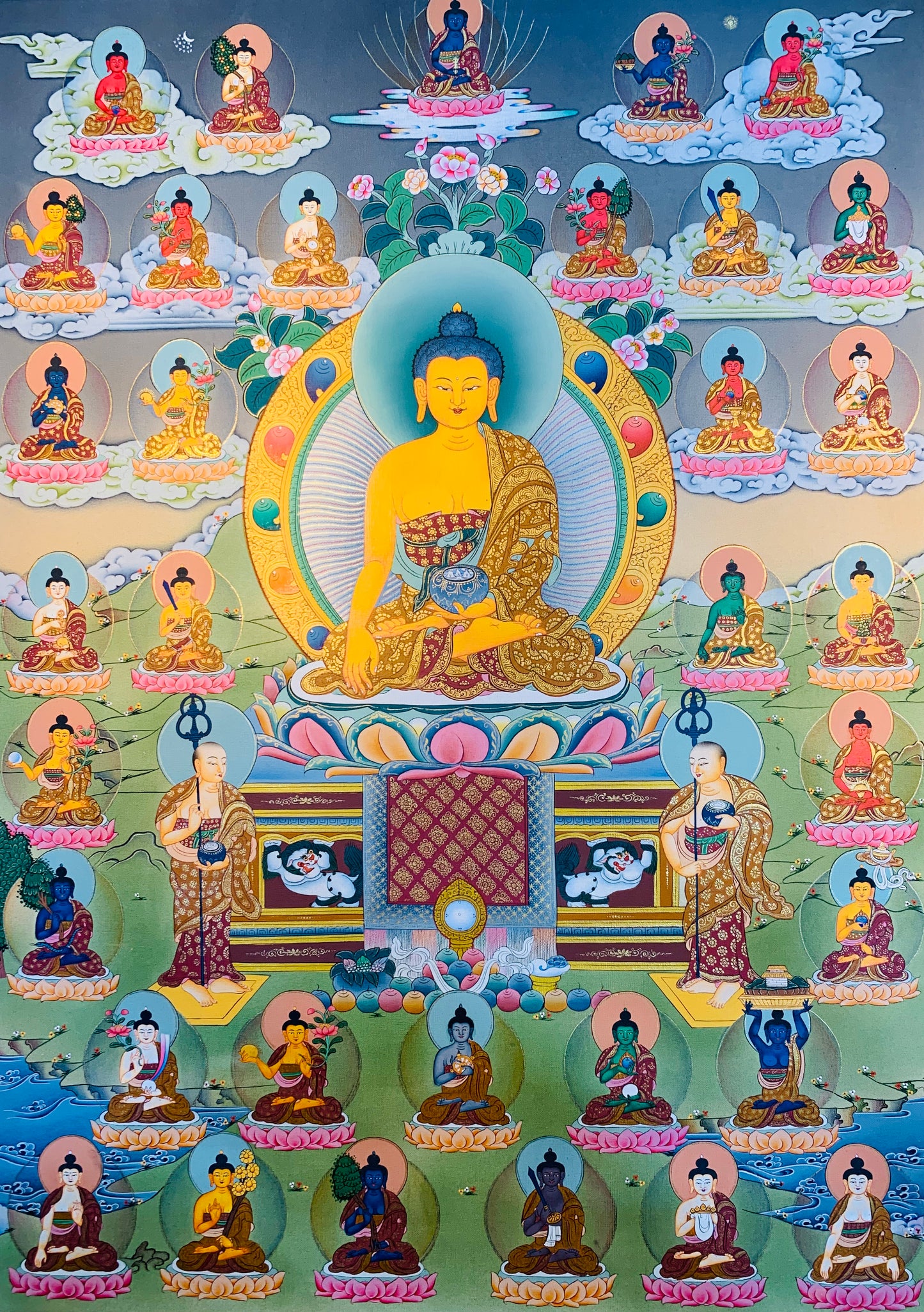 Shakyamuni Buddha and the Thirty-Five Buddhas of Confession Thangka Painting 56*42