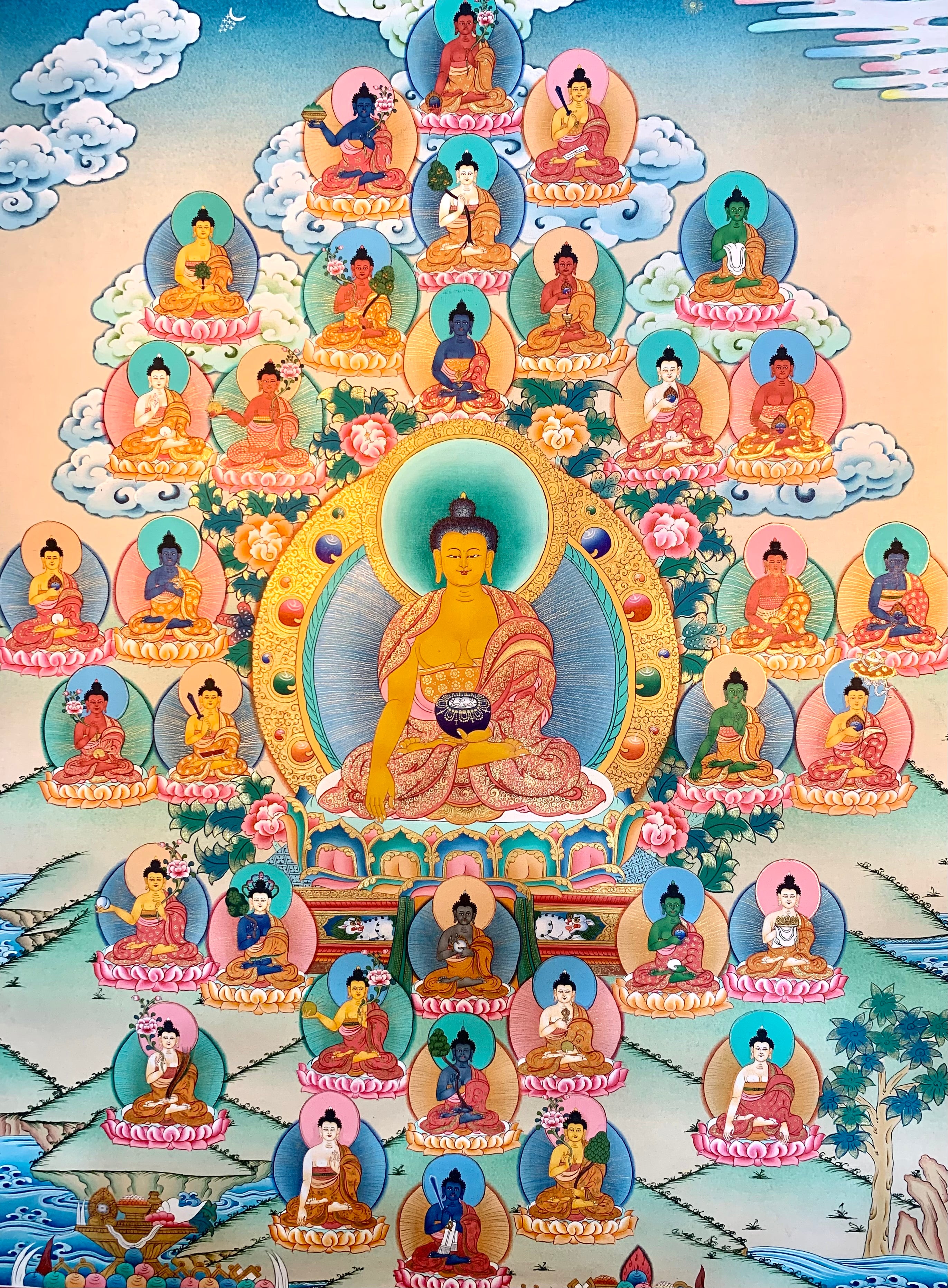 Shakyamuni Buddha and the Thirty-Five Buddhas of Confession Thangka Painting 70*50