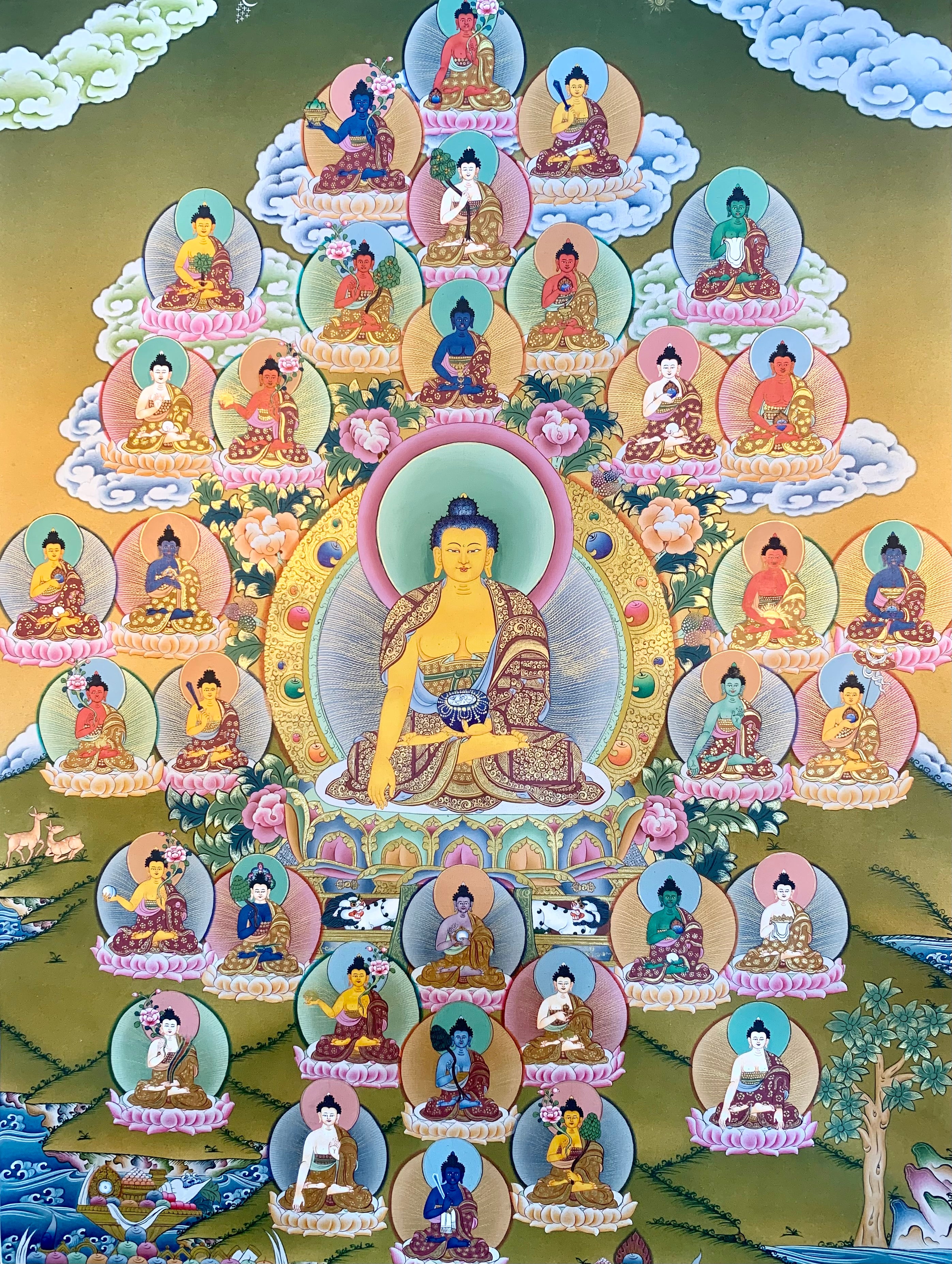 Shakyamuni Buddha and the Thirty-Five Buddhas of Confession Thangka Painting 56*42